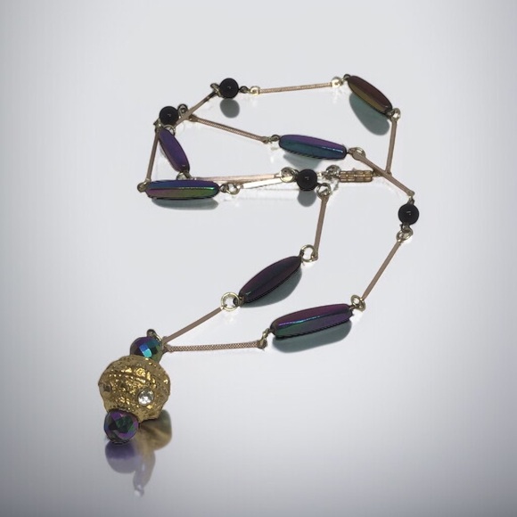 Vintage Carnival Glass Bead Pendant Long Necklace - Picture 3 of 11